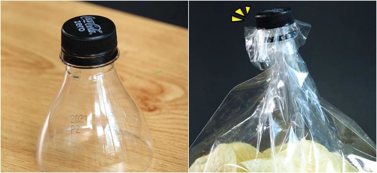 페트병, 뚜껑 꿀팁. 페트병 윗부분을 5~6cm 높이로 잘라 입구만 남긴 뒤, 과자 봉지나 양념 봉지의 끝부분을 페트병 입구 안쪽으로 끼우고 바깥으로 뒤집어 고정한 다음 뚜껑을 닫으면 공기와 습기가 차단된다. 별도의 집게나 클립 없이 재밀봉이 가능하다. / 유튜브 '마시즘'