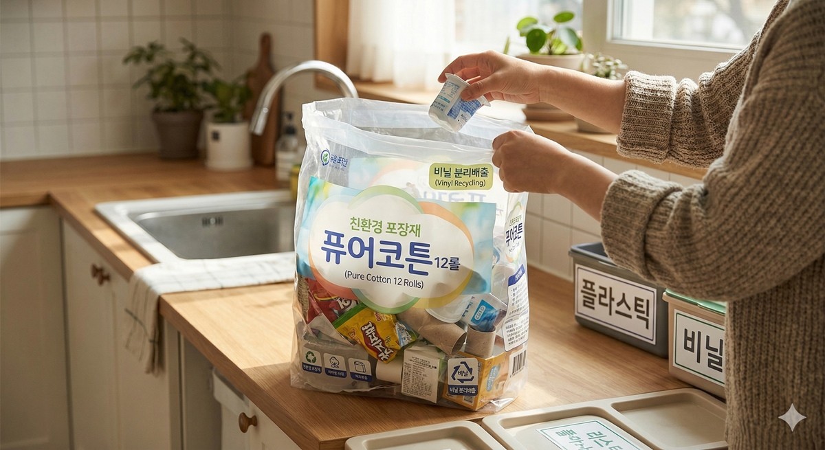 두루마리 휴지 포장 봉투를 재활용하는 모습 / AI 생성 이미지