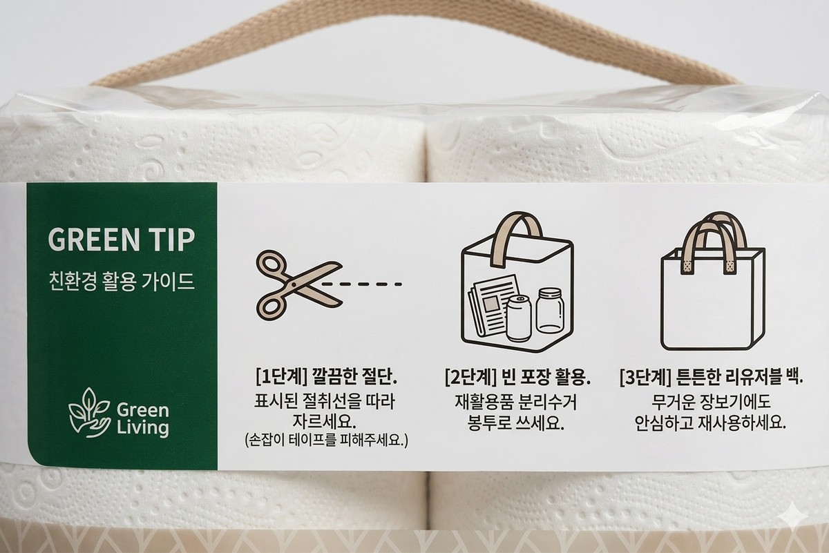 두루마리 휴지 포장 옆면에 적힌 재활용 팁 / AI 생성 이미지