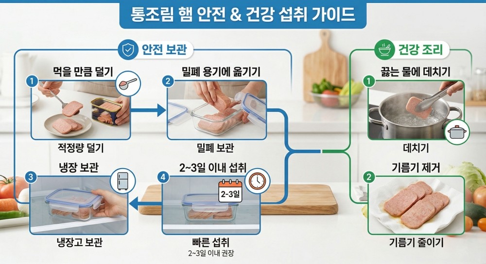 [인포그래픽] 기사를 바탕으로 AI가 생성한 인포그래픽 이미지. 먹고 남은 햄은 '밀폐용기'에 옮겨 담아 냉장 보관하는 것이 좋다. 개봉된 캔은 공기와 접촉하면서 내부 금속이 서서히 부식될 수 있기 때문이다. 또한 개봉한 통조림은 2~3일 이내에 섭취하는 것이 권장된다.