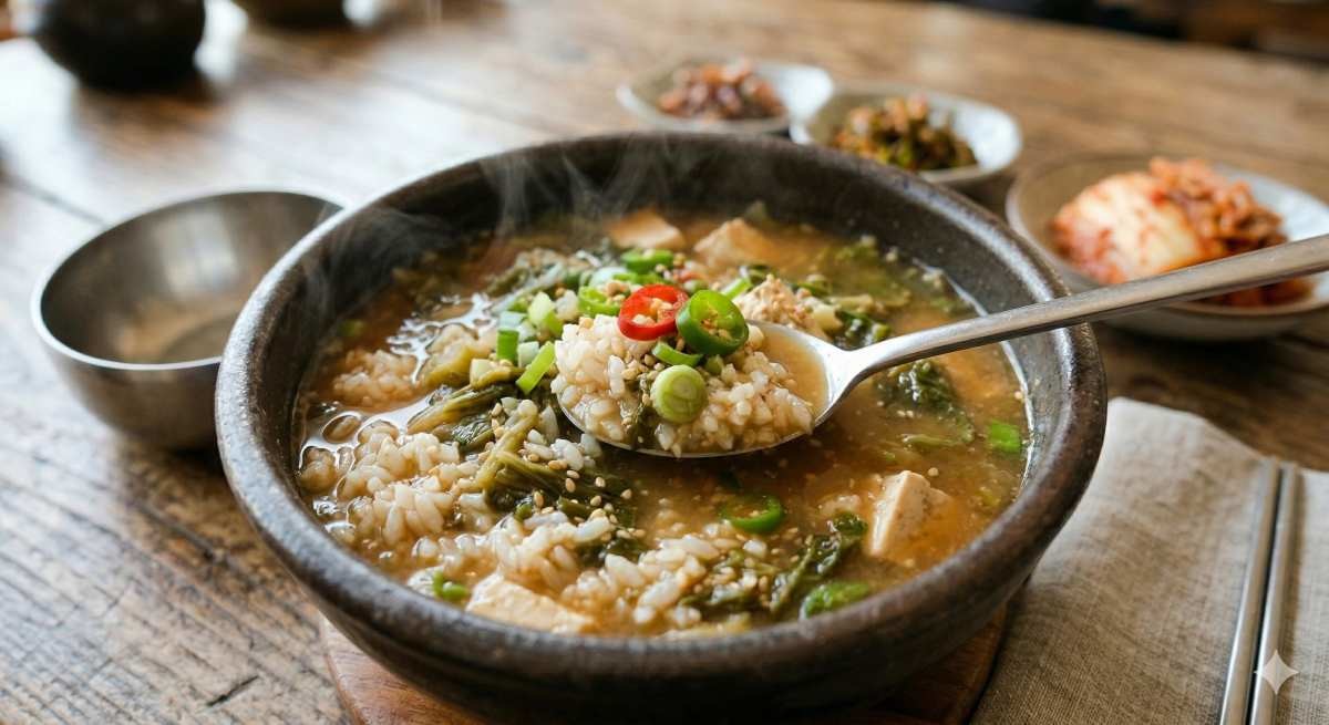 봄동 된장국에 밥을 만 모습 (AI로 제작)