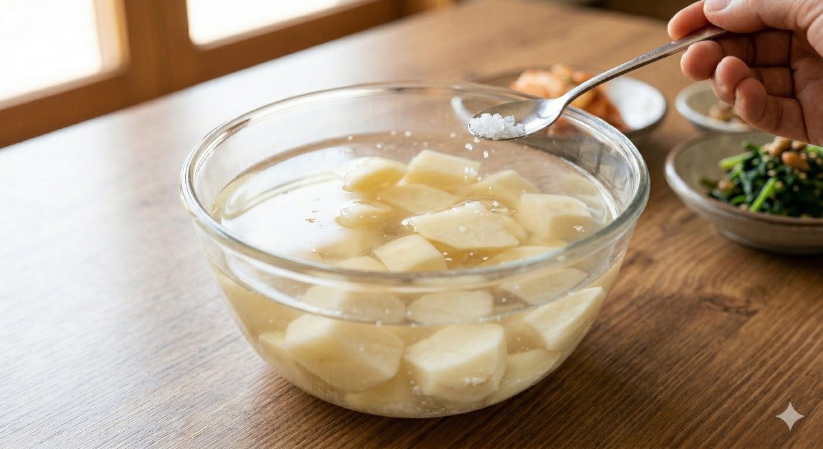 감자를 소금물에 담근 모습 (AI로 제작)