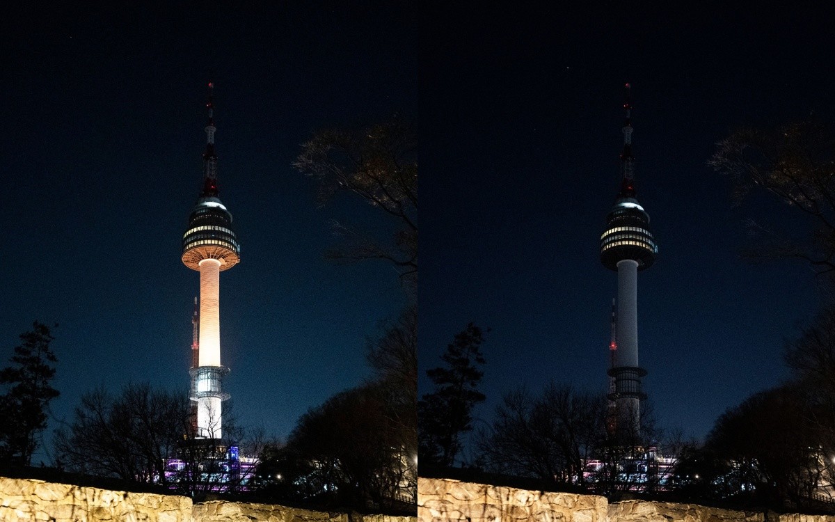 남산서울타워의 소등 전(왼쪽)과 소등 후 모습. / WWF 제공
