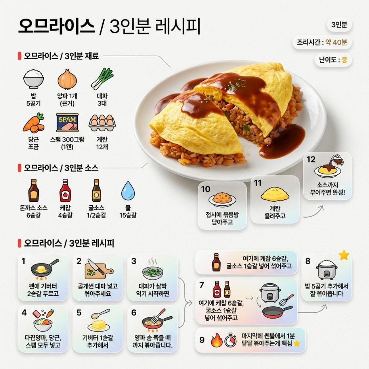 [인포그래픽] 유튜브 채널 '김진순 점심시간'에서 소개된 특별한 오므라이스 레시피. AI가 생성한 자료사진.