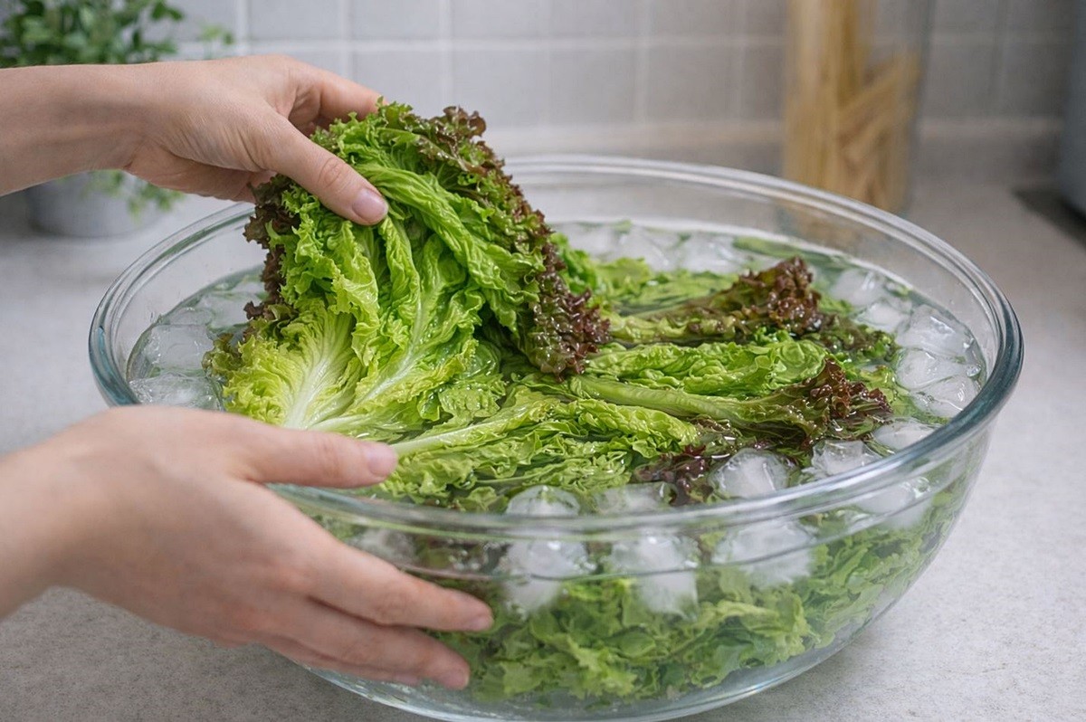 상추 밑동을 아주 조금 잘라 내고 넓은 볼에 찬물이나 얼음물을 받아 10분에서 30분 정도 담가 두면 잎이 다시 수분을 머금으면서 한결 탱탱해질 수 있다. 기사 이해를 돕기 위해 AI를 활용해 제작한 자료 사진. 실제 모습과 다소 차이가 있을 수 있다.