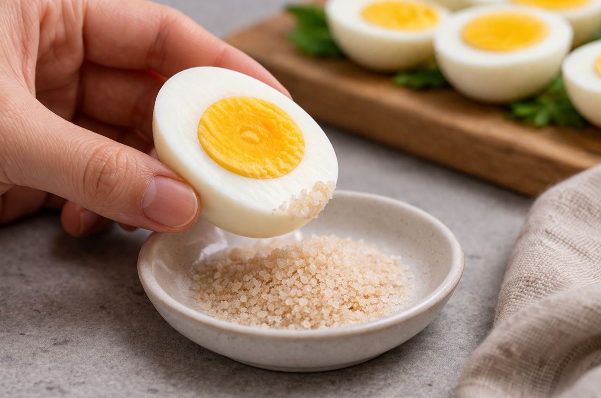 구운 소금에 삶은 계란을 찍어 먹는 모습. 기사 이해를 돕기 위해 AI를 활용해 제작한 자료 사진입니다. 실제 모습과 다소 차이가 있을 수 있습니다.