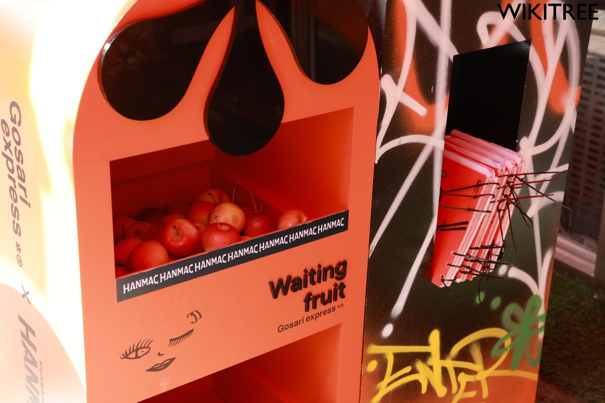 고사리 익스프레스 매장 앞에서 웨이팅을 하며 즐길 수 있는 웨이팅 프루트. 미니 사과가 들어있다.  / 위키트리