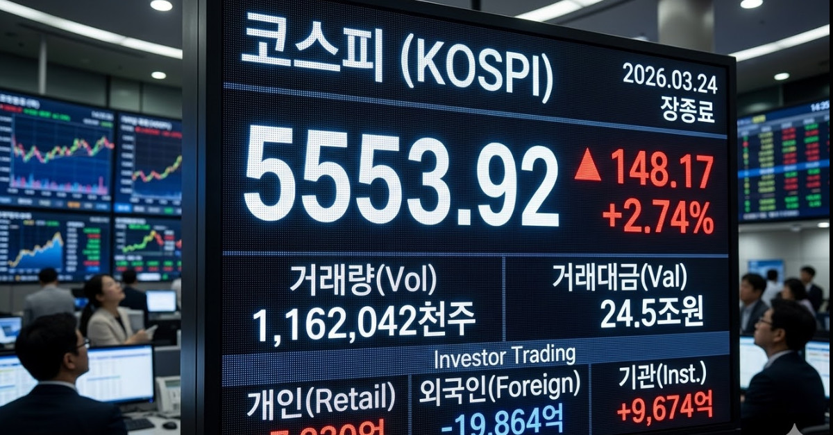 26년 3월 24일 코스피 마감 지수. 기사 이해를 돕기 위해 AI로 제작한 이미지.