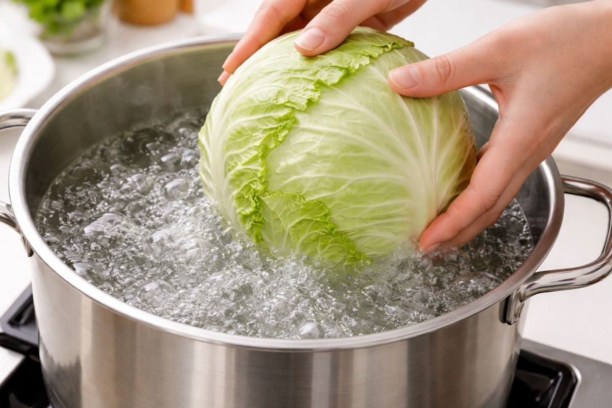 양배추를 끓는 물에 넣는 모습. 기사 이해를 돕기 위해 AI를 활용해 제작한 자료 사진입니다. 실제 모습과 다소 차이가 있을 수  있습니다.
