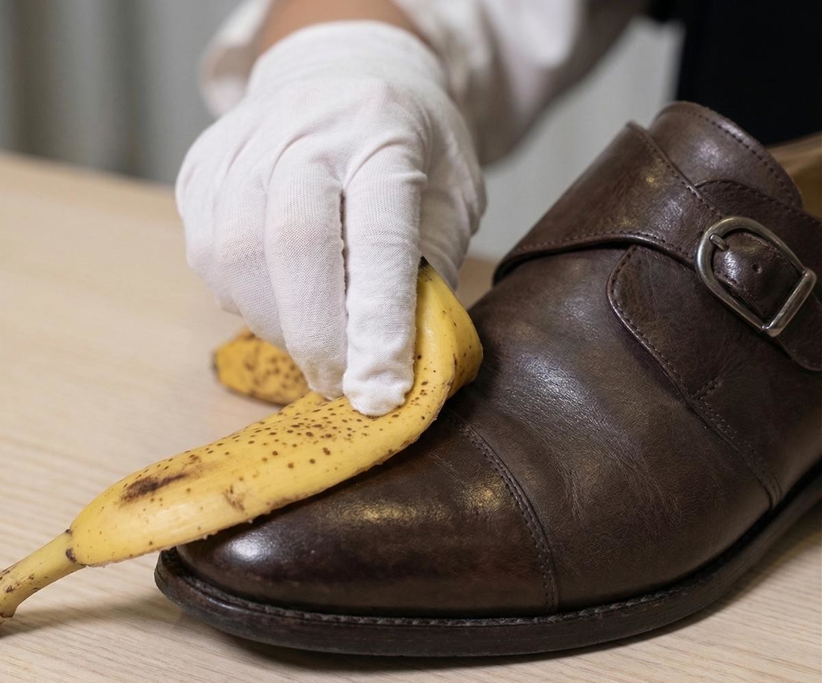 바나나껍질 가죽 신발 위에 문지르기. 유튜브 'JTBC Life' 토대로 AI툴 활용해 제작한 자료사진.