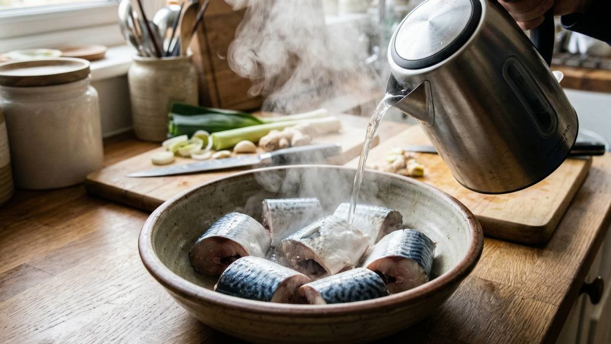 고등어에 뜨거운 물을 붓는 모습 (AI로 제작)