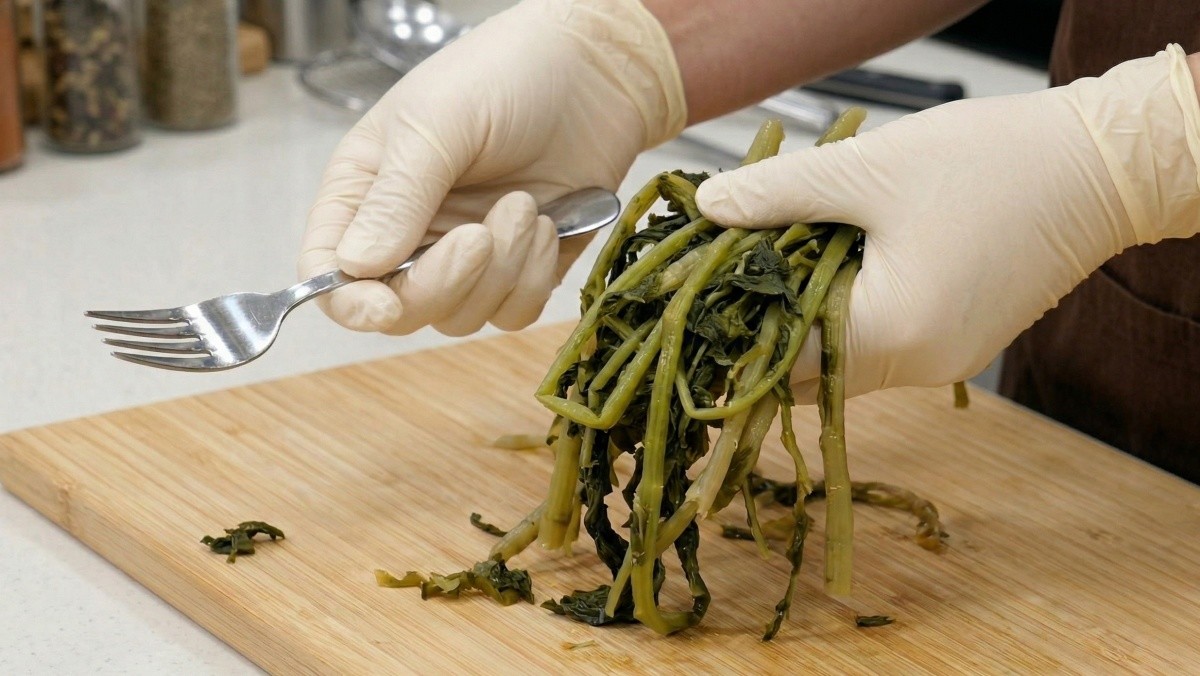 기사를 바탕으로 AI가 생성한 자료사진.  포크를 이용해 삶은 시래기 줄기의 억센 부분을 중심으로 긁어내듯 문질러주면 된다.