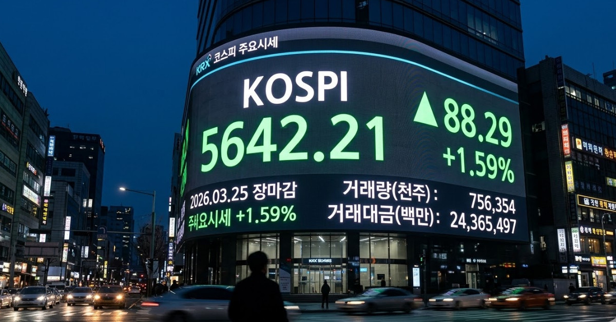 26년 3월 25일 코스피 마감 지수. 기사 이해를 돕기 위해 AI로 제작한 이미지.