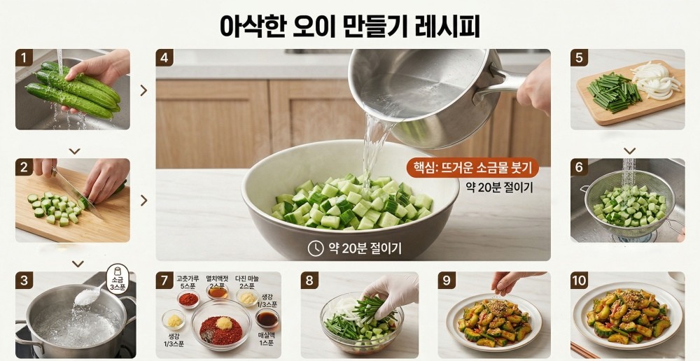 [인포그래픽] 기사를 바탕으로 AI가 생성한 자료사진. 뜨거운 소금물로 절인 오이를 활용한 오이무침은 물이 덜 생기고 아삭한 맛이 살아있다.