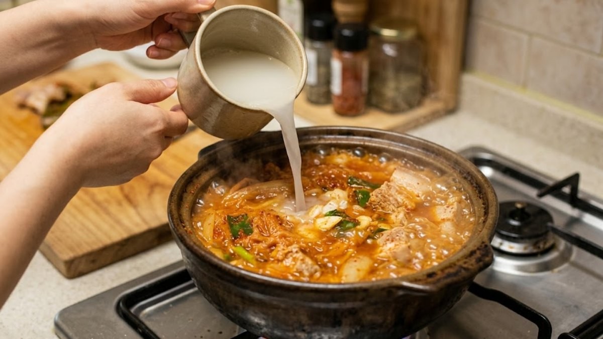 김치찜에 쌀뜨물을 붓는 모습 / 기사 내용을 바탕으로 제작한 AI 이미지
