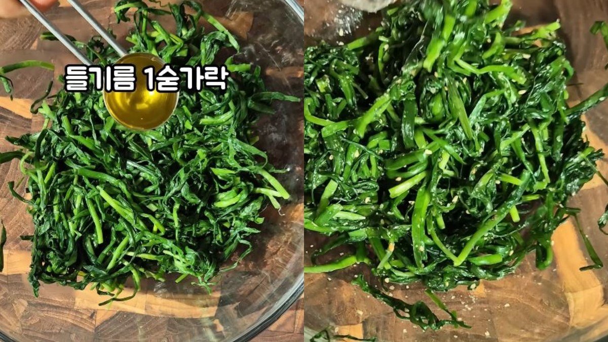 찐 부추나물에 양념을 치는 모습(왼)과 완성된 부추나물(오). / 유튜브 '야미마미'