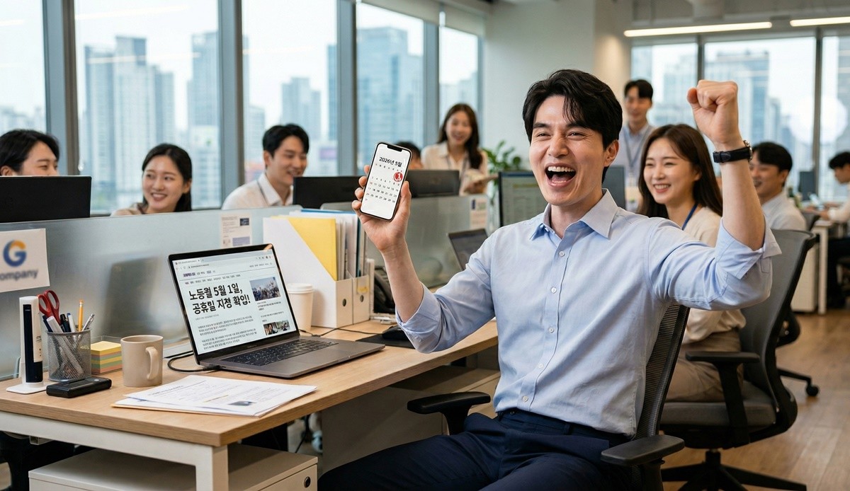올해부터 5월 1일 노동절이 공휴일로 지정될 가능성이 유력한 가운데, 관련 소식을 접한 근로자들이 기뻐하는 모습/ AI 생성 이미지