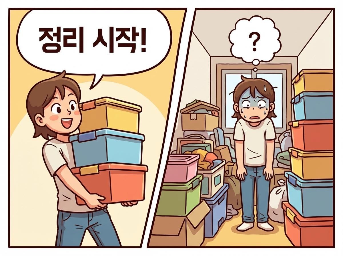 [만화] 수납 박스를 샀다가 더욱 공간이 좁아진 모습. AI가 생성한 자료사진.