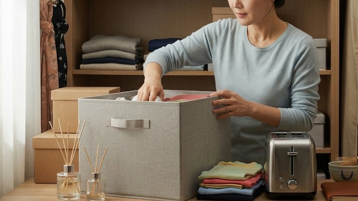 가정집에 있는 다양한 물건들을 정리하는 사람. AI가 생성한 자료사진.