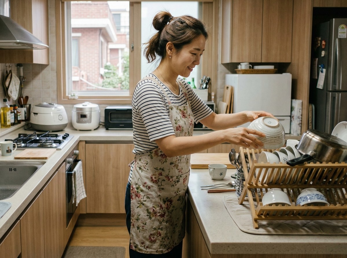 안 쓰는 식기들을 정리하려는 사람. AI가 생성한 자료사진.