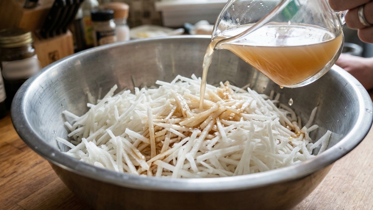 기사를 바탕으로 AI가 생성한 자료사진. 채 썬 무에 단촛물을 넣으면 간편하게 '무생채 초무침'을 완성할 수 있다. 무생채 초무침은 라면, 고기, 냉면, 비빔밥 등 다양한 메뉴에 잘 어울리는 곁들임 반찬이다.