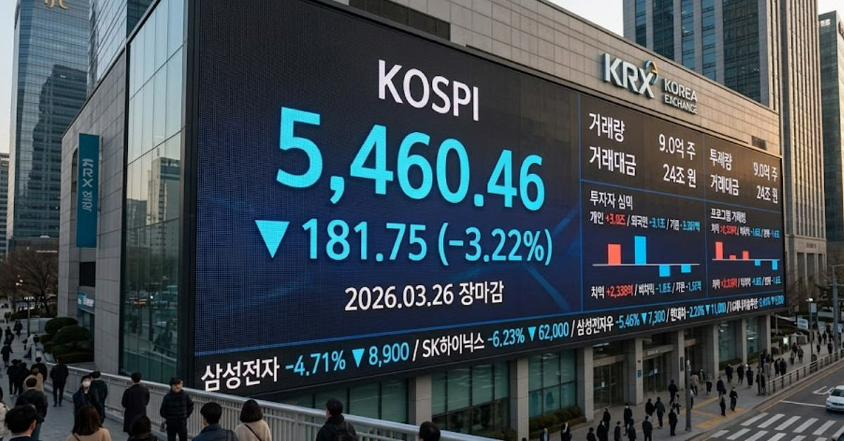 26년 3월 26일 코스피 마감 지수. 기사 이해를 돕기 위해 AI로 제작한 이미지.