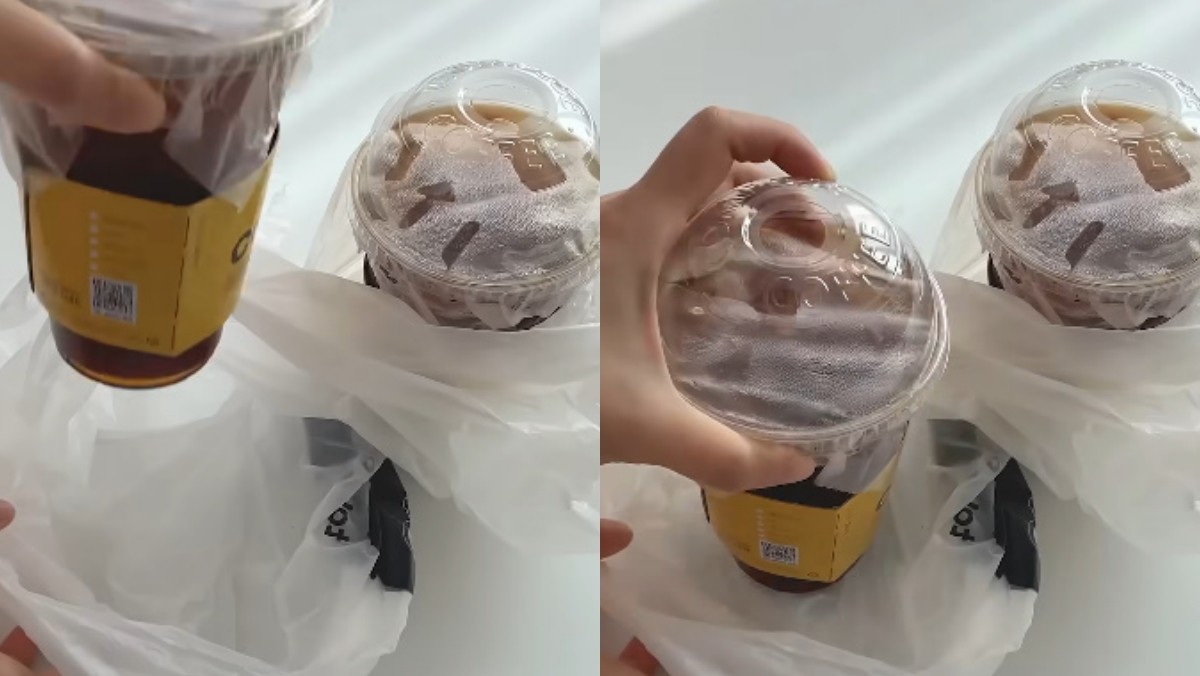 비닐봉지를 8자로 뒤집어서 만든 음료 캐리어 / 유튜브 '봄집사'