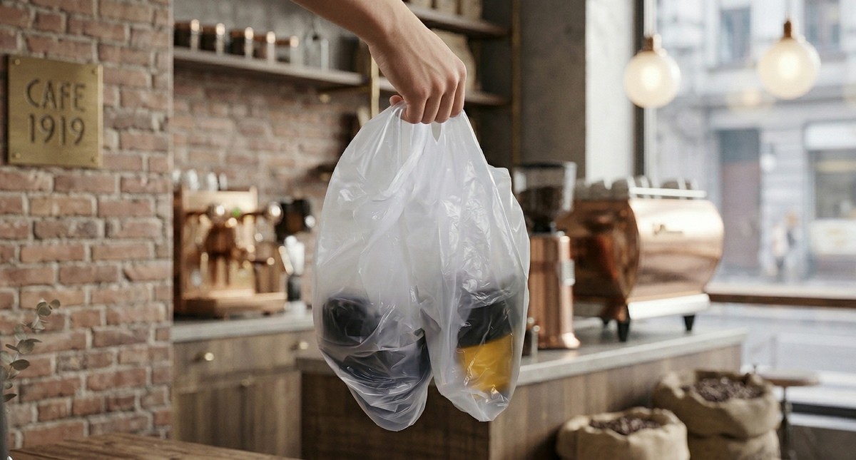 비닐봉지를 8자로 꼬아 뒤집으면 음료 2개를 안정적으로 담을 수 있다. / AI 생성 이미지