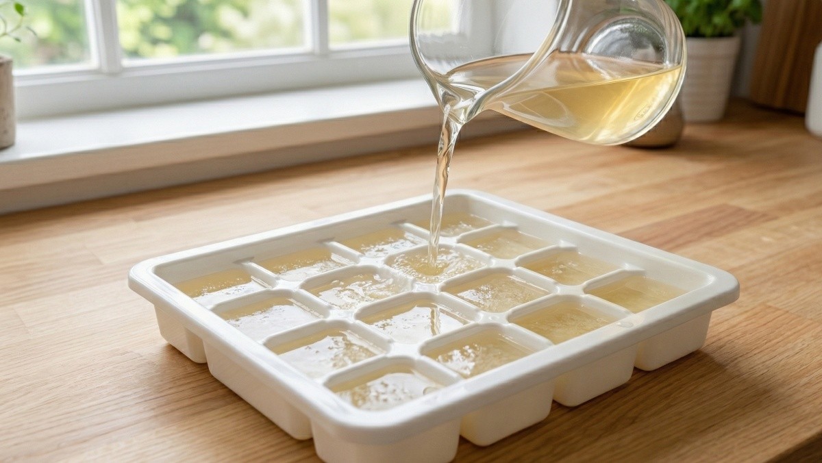 기사를 바탕으로 AI가 생성한 자료사진. 물과 식초를 1:1 비율로 섞은 뒤 얼음틀에 붓고 냉동실에서 얼려주면 '식초 얼음'이 완성된다.
