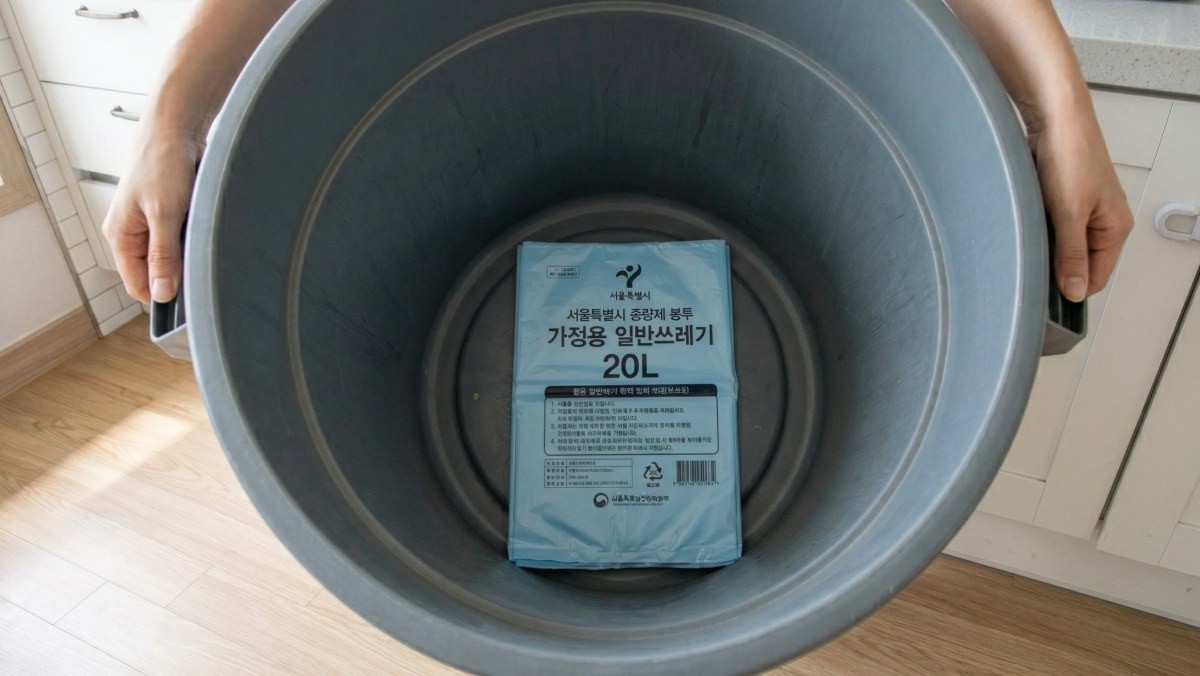종량제봉투를 쓰레기통 맨 아래 둔 모습. AI가 생성한 자료사진. (실제와 종량제 봉투와 차이가 있을 수 있음을 알립니다.)