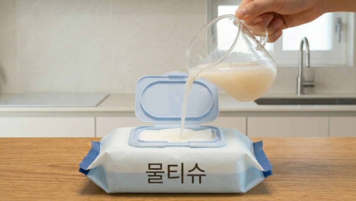 마른 물티슈에 주방세제, 베이킹소다, 식초 세 가지를 섞은 물을 넣는 모습. AI가 생성한 자료사진.