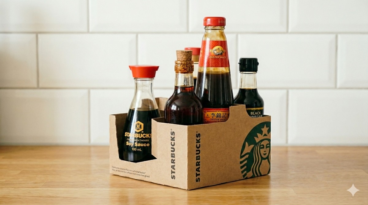 양념통 정리함으로 재활용한 스타벅스 캐리어 / AI 생성 이미지