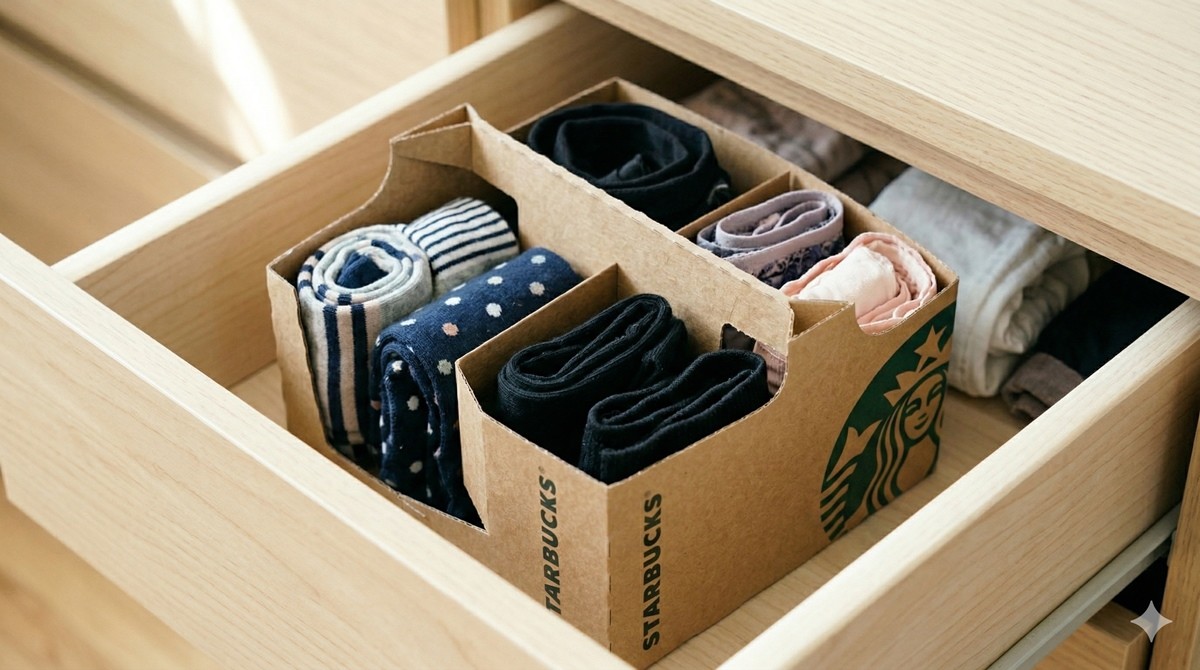 서랍장 칸막이로 재활용한 스타벅스 캐리어 / AI 생성 이미지