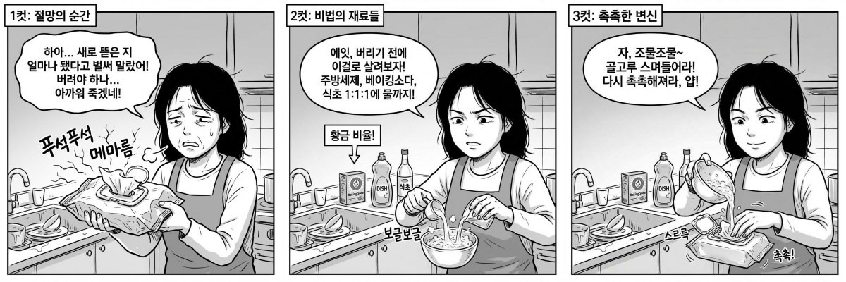 [만화] 말라버린 물티슈에 주방세제, 베이킹소다, 식초를 넣은 물을 넣어 재활용하는 모습. AI가 생성한 자료사진.