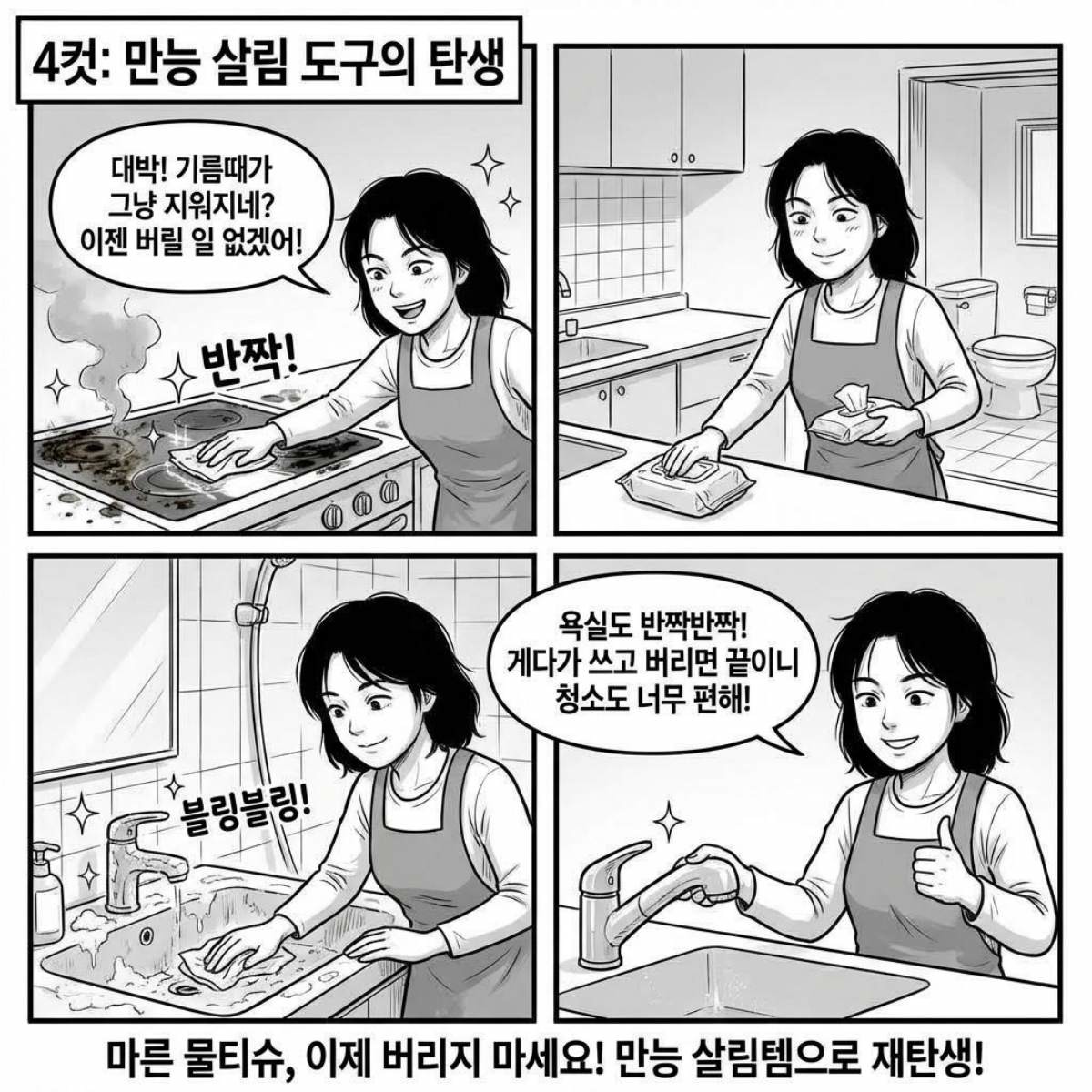[만화] 마른 물티슈에 주방세제, 베이킹소다, 식초를 넣은 물을 넣은 후 만들어진 청소용 물티슈를 활용하는 모습. AI가 생성한 자료사진.