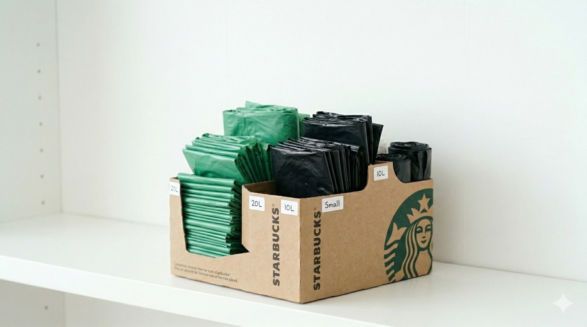 쓰레기봉투 수납함으로 활용 가능한 스타벅스 캐리어 / AI 생성 이미지