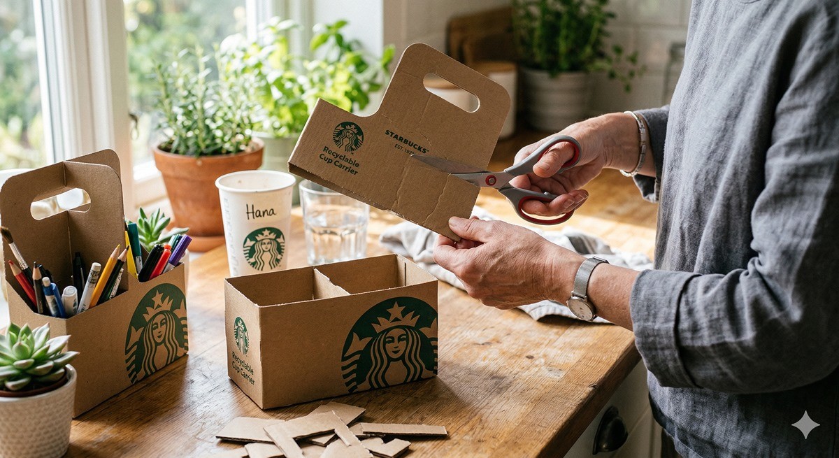 스타벅스 캐리어 손잡이 부분을 잘라 재활용 중인 모습 / AI 생성 이미지