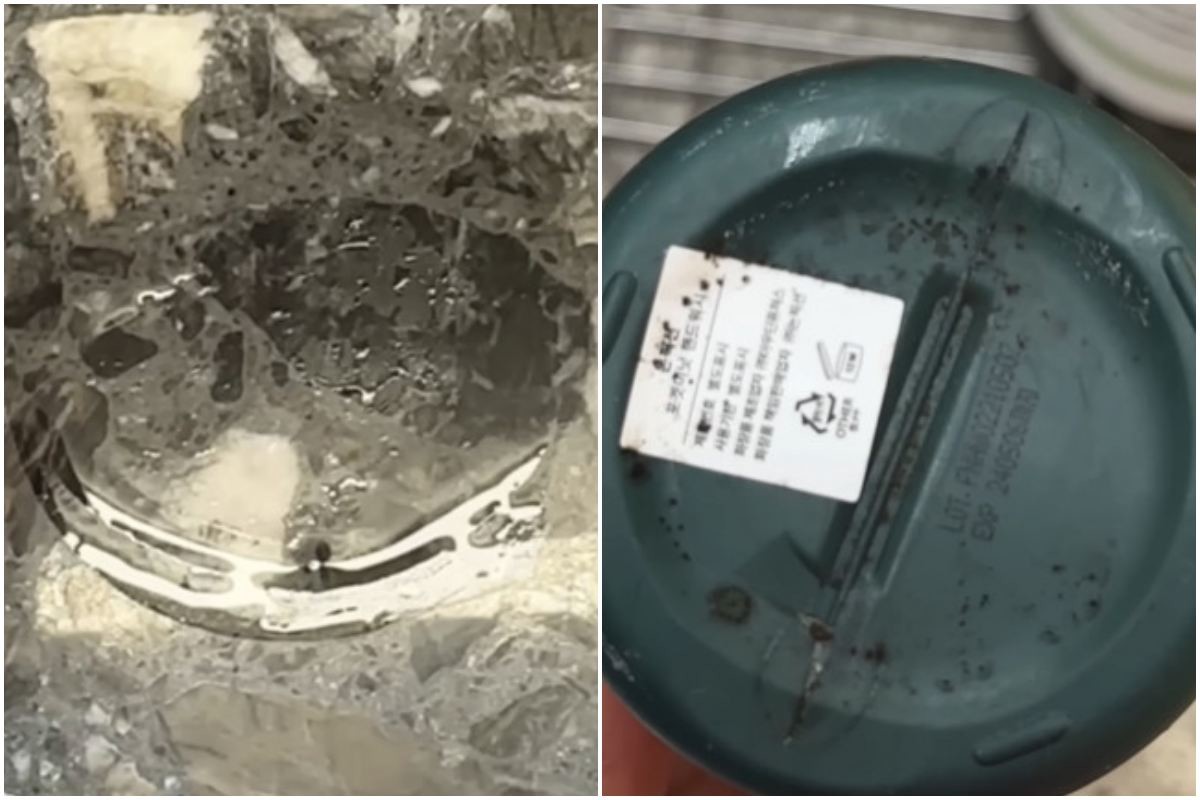 화장실 세면대 주변에 용품을 그냥 얹어두면 끼는 물때와 곰팡이. / 유튜브 '리빙핸'