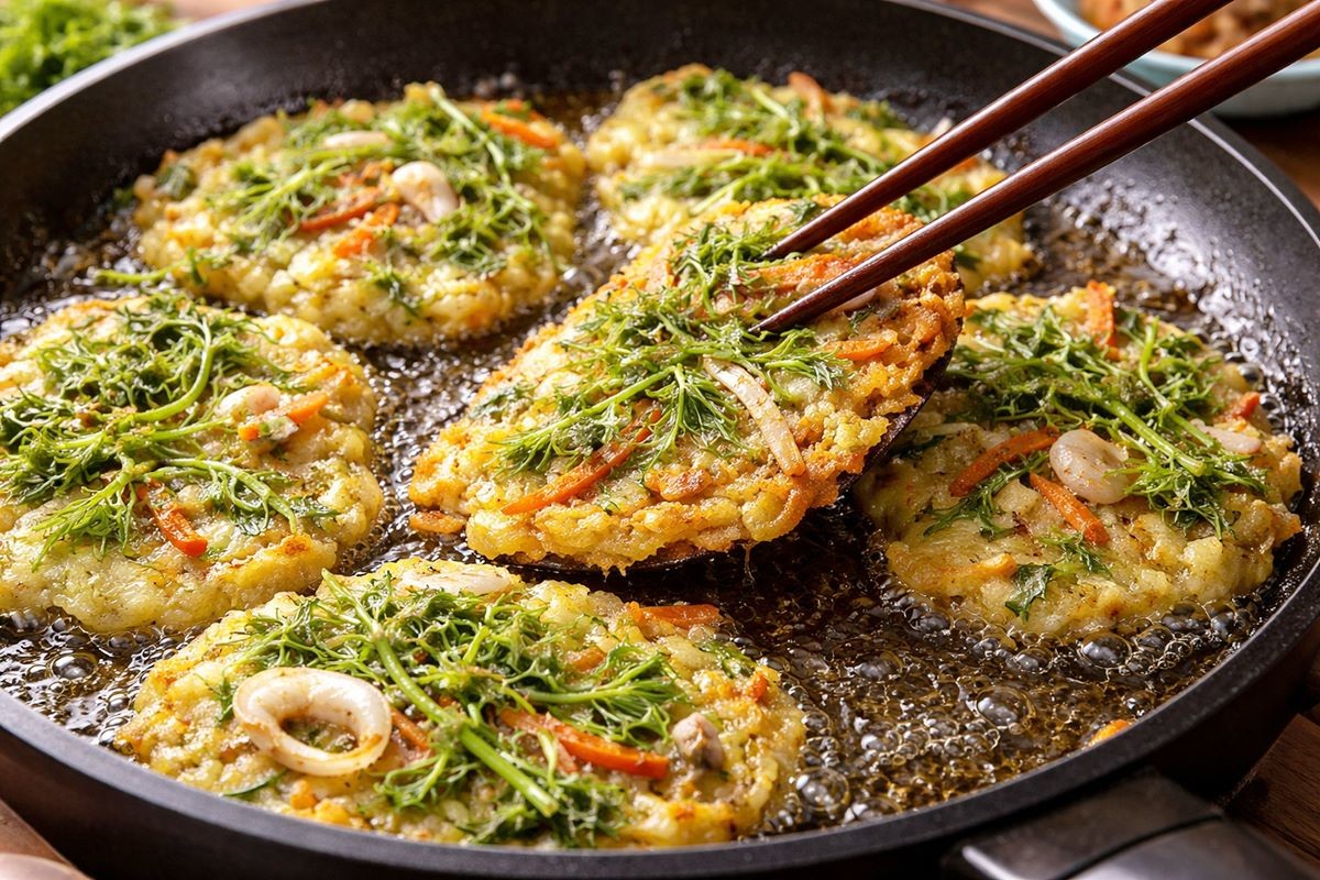 냉이 부침개 모습. 기사 이해를 돕기 위해 AI를 활용해 제작한 자료 사진입니다. 실제 모습과 다소 차이가 있을 수 있습니다.