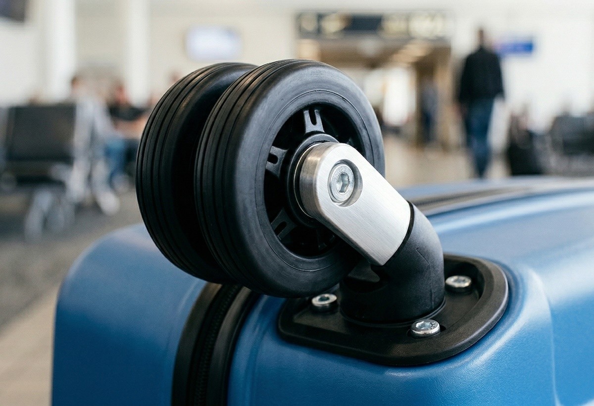 여행용 캐리어 바퀴 모습. 여행용 캐리어(여행 가방)는 이동 과정에서 다양한 환경을 거치기 때문에 바퀴에 오염이 쉽게 쌓이는 물건입니다. 공항 바닥이나 도심의 인도, 지하철 승강장, 호텔 로비 등 여러 장소를 지나며 바퀴에는 먼지와 흙, 물기, 이물질이 자연스럽게 묻게 됩니다. 기사 이해를 돕기 위해 AI를 활용해 제작한 자료 사진입니다. 실제 모습과 다소 차이가 있을 수 있습니다.