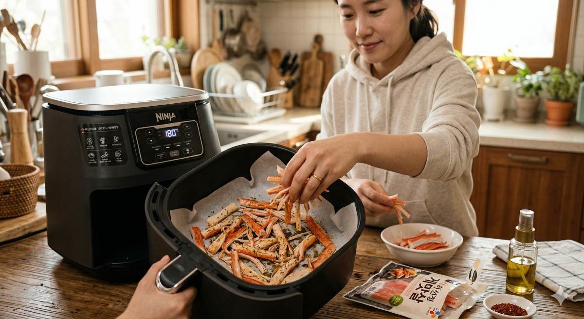 게맛살을 에어프라이어에 넣는 모습 (AI로 제작)