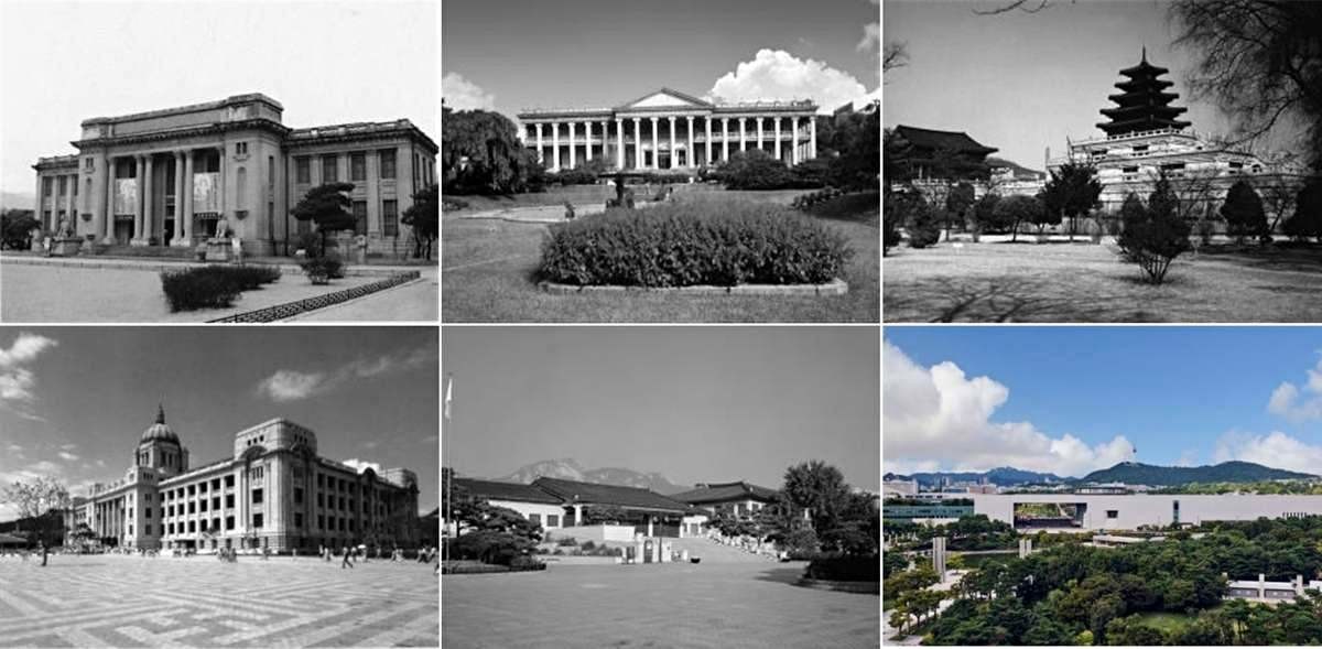 윗줄은 경복궁 1기(구 조선총독부박물관·1945∼1953), 덕수궁 시기(1955∼1972), 경복궁 2기(현 국립민속박물관·1972∼1986). 아랫줄은 경복궁 3기(구 중앙청·1986∼1996), 경복궁 4기(현 고립고궁박물관·1996∼2004), 현재 용산 시기(2005∼) 모습. / 국립중앙박물관 제공