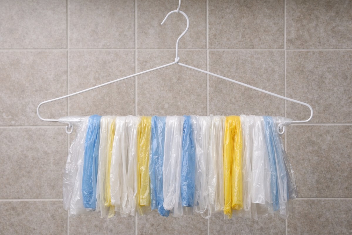 옷걸이로 비닐봉지 보관하는 모습 / 기사 내용을 바탕으로 제작한 AI 이미지