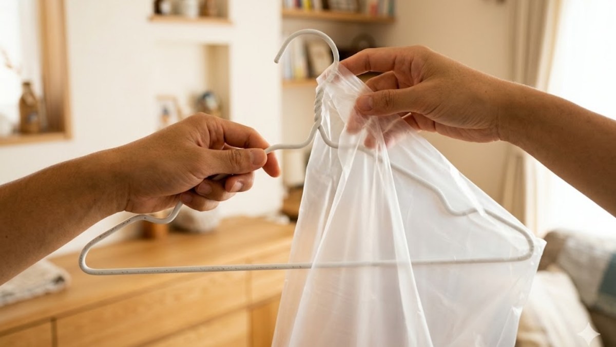 옷걸이와 비닐봉지를 활용하는 모습 / 기사 내용을 바탕으로 제작한 AI 이미지