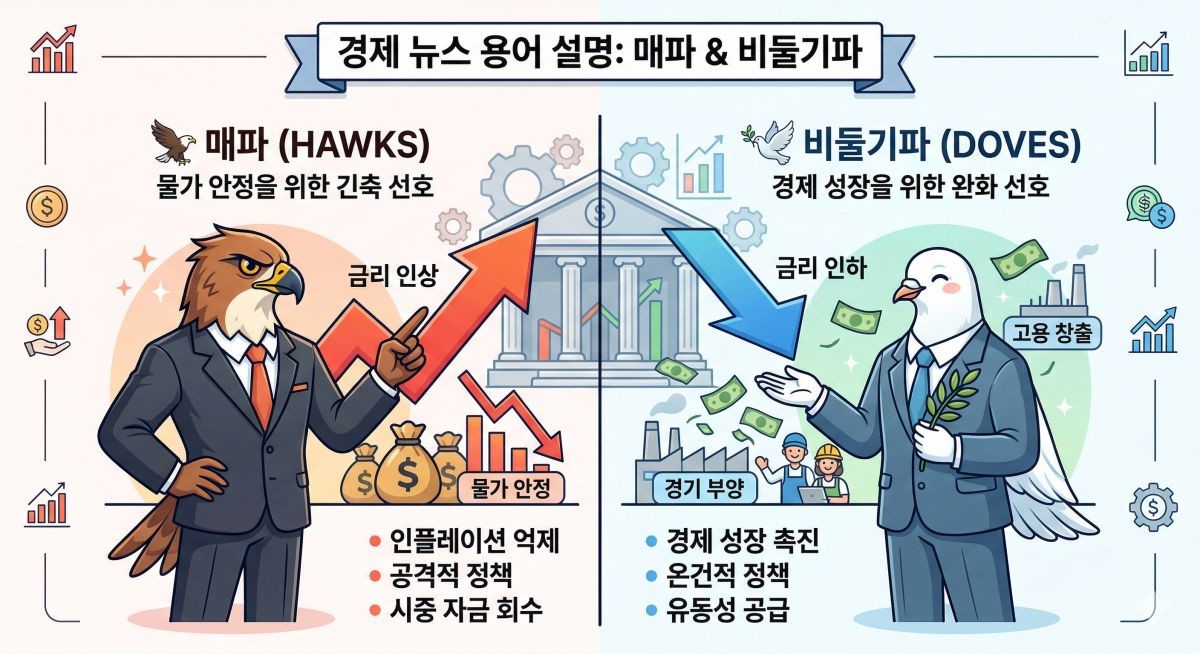 경제용어 설명, 매파와 비둘기파. 기사 내용 토대로 AI툴 활용해 제작한 자료사진.