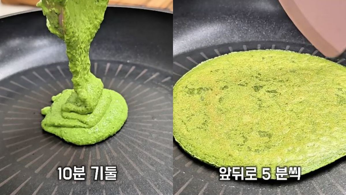 완성된 오트밀 시금치 반죽을 부치는 모습. / 유튜브 '원쿡'