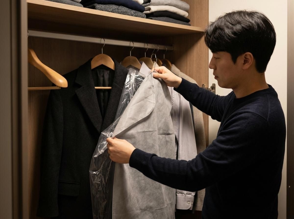 세탁소 비닐에 코트 보관하지 않기. 부직포 커버로 교체하기. 기사 내용 토대로 AI툴 활용해 제작한 자료사진.