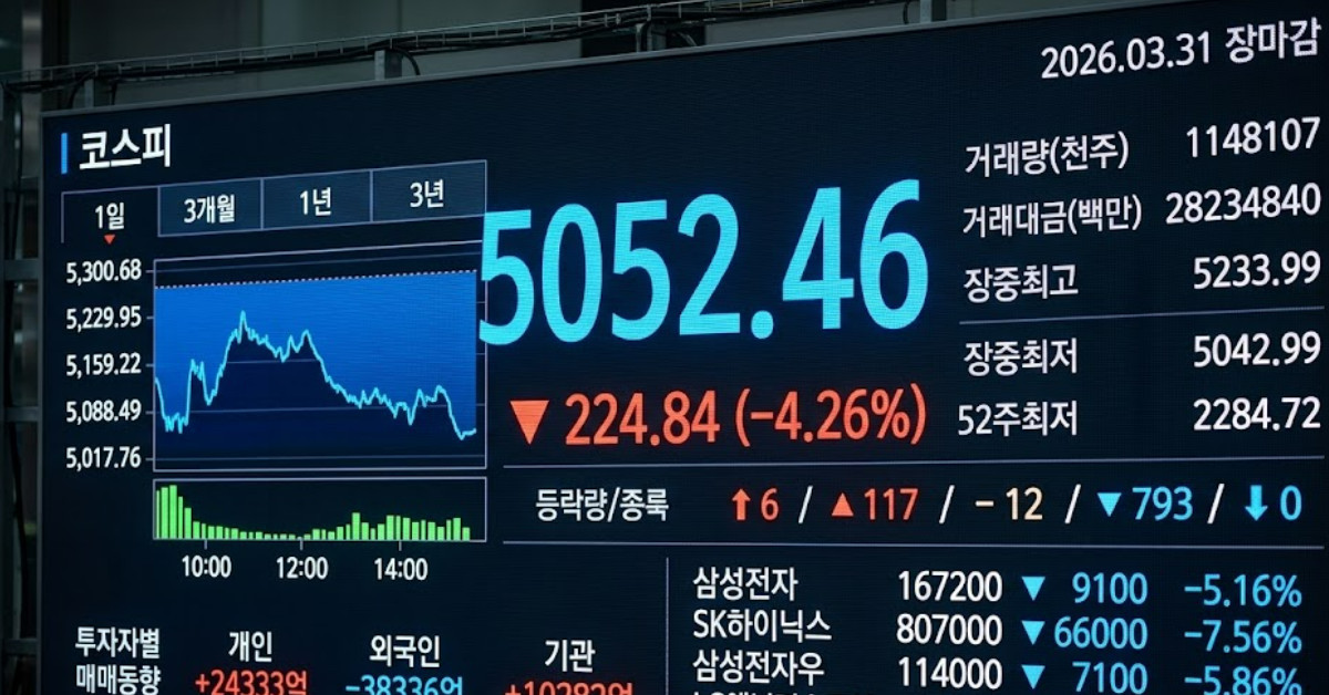26년 3월 31일 코스피 마감 지수. 기사 이해를 돕기 위해 AI로 제작한 이미지.