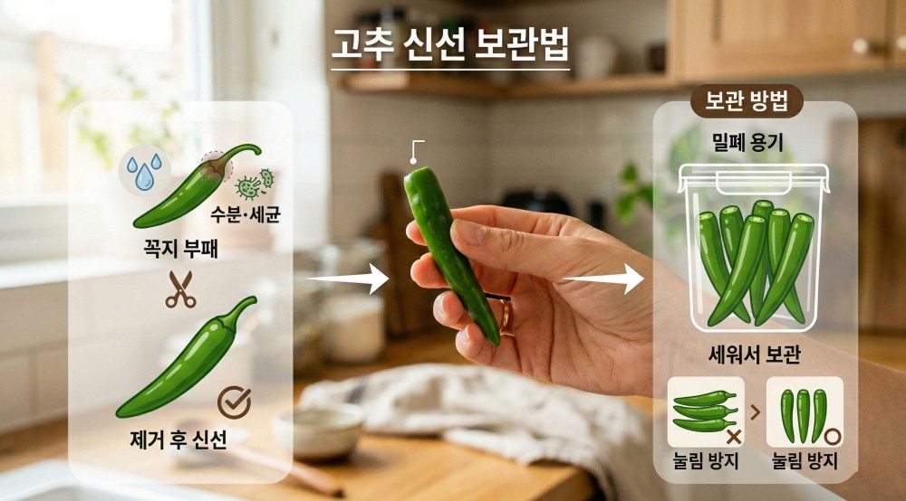 [인포그래픽] 기사를 바탕으로 AI가 생성한 인포그래픽 이미지. 고추를 보관할 때는 꼭지를 제거하는 것이 신선도 유지에 도움될 수 있다.