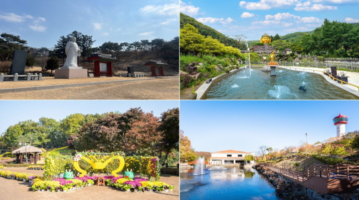 용인의 대표 관광지인 포은 정몽주 선생 묘, 와우정사, 용인자작나무숲, 용인농촌테마파크(시계방향). / 용인특례시